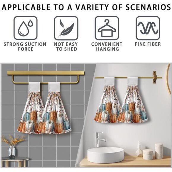 Fall Pumpkins Kitchen Hand Towels with Loop 2 Pcs‎ Autumn Leaves Pumpkin Hanging - Picture 4 of 8